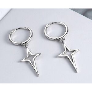 NEW 14k White Gold 925 Star Dangle Huggie Hoop Earrings Celestial 32mm